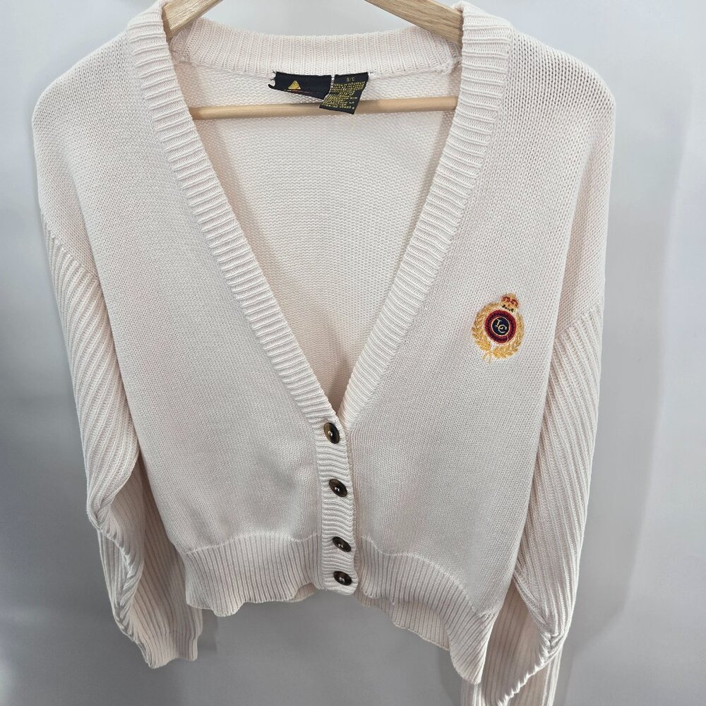 Vintage Liz Claiborne Cream Open Buttoned Logo Preppy Cotton Cardigan Small